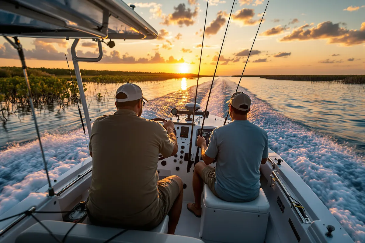 Captain and mate running a bay boat across coastal flats at sunrise