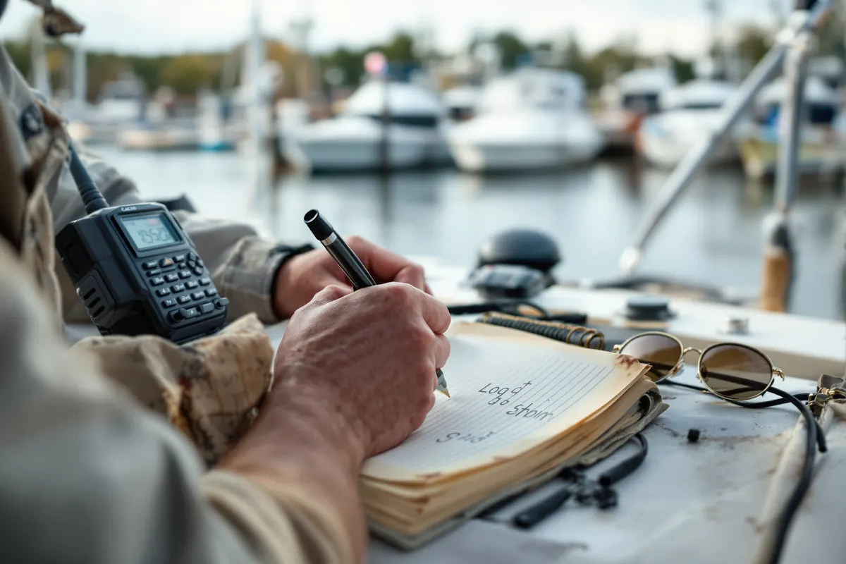 Captain recording sea time in a logbook on the boat console