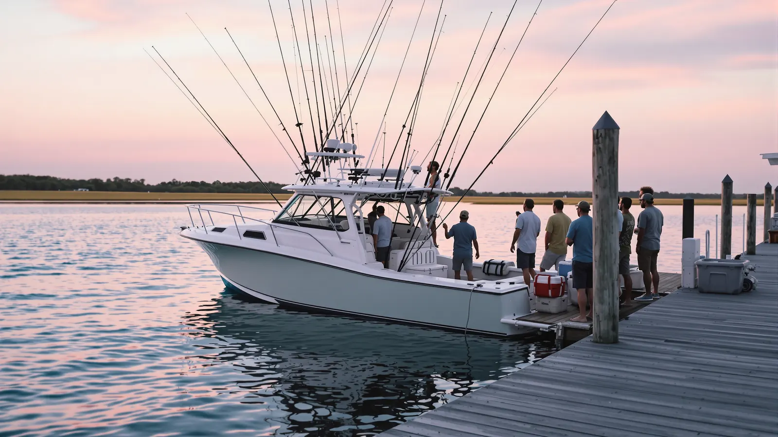 Six anglers boarding a center console charter boat run under a 6 pack captain license