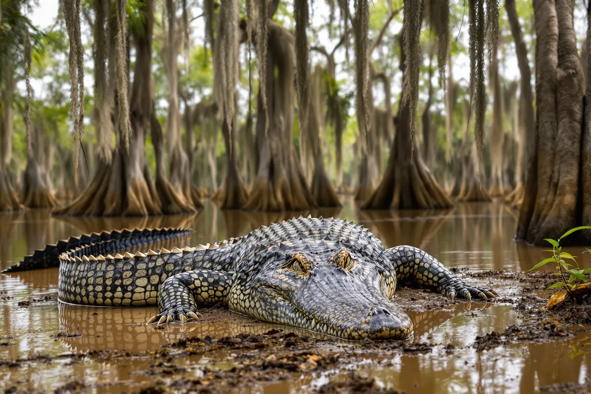 Large American alligator on a muddy bayou bank under cypress trees