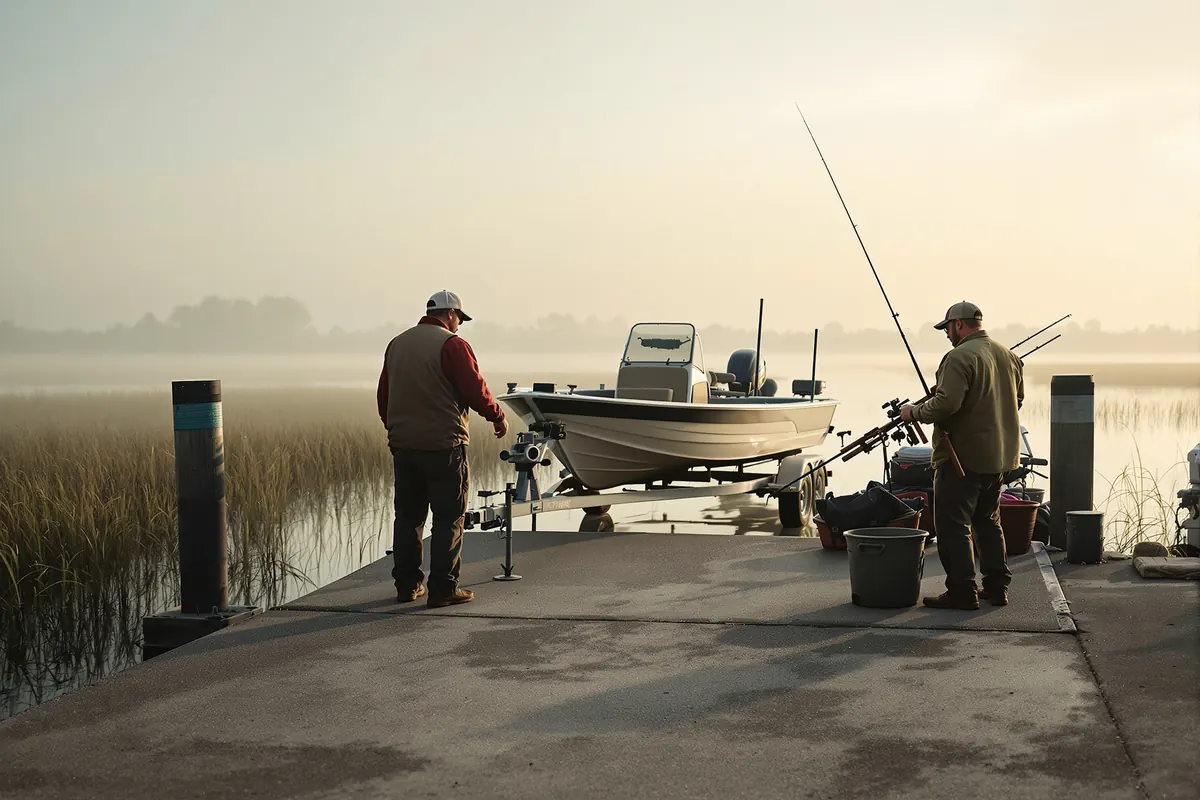Guide launching a jon boat at a rural ramp before a guided gator trip