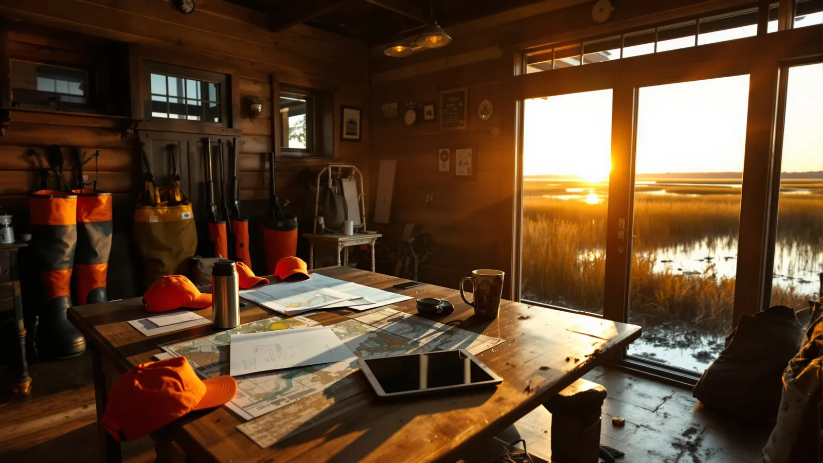 Hunting lodge office at dawn with maps, blaze orange caps and waders, overlooking a duck marsh