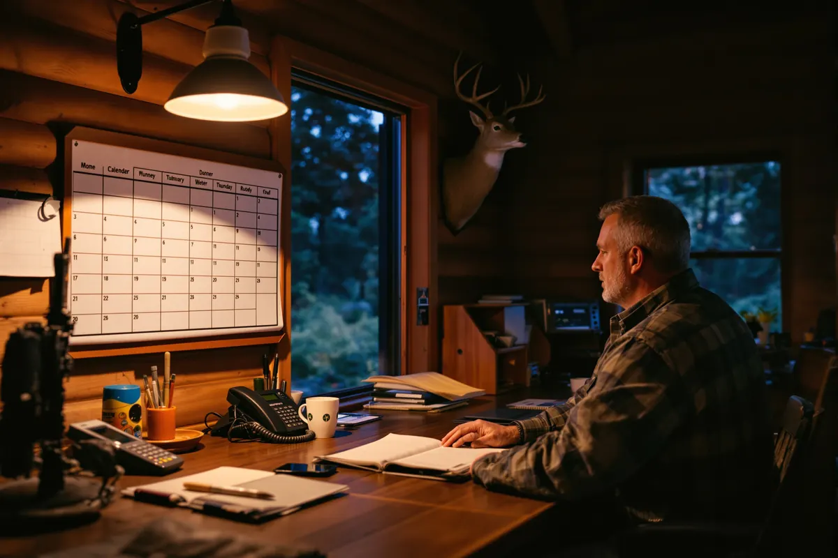 Outfitter at a lodge desk rebooking a client's hunt dates