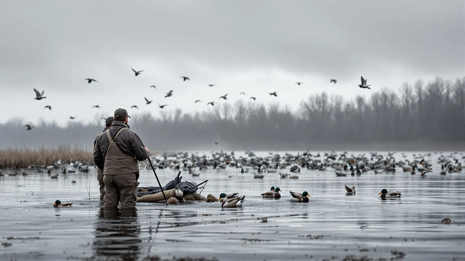 Duck hunters setting decoys in rough weather, the kind of day a cancellation policy has to address