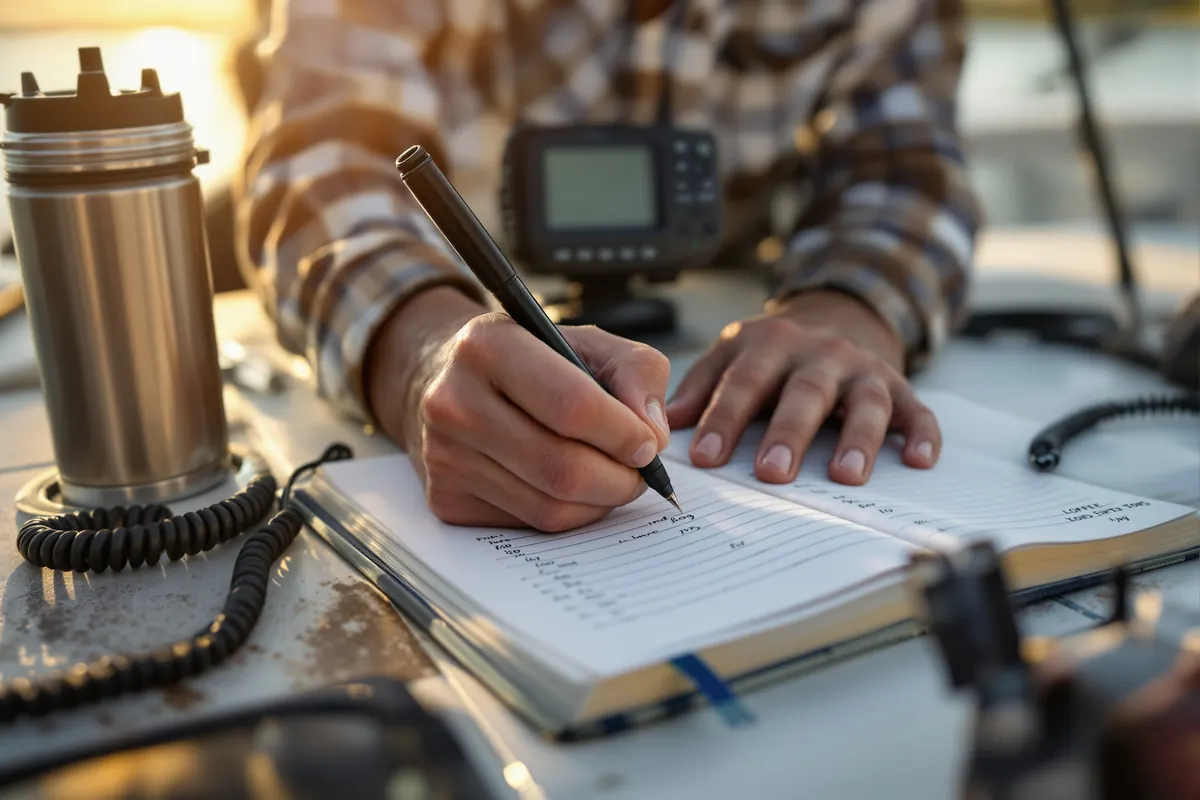 Hands writing a day on the water into a paper logbook on a boat console