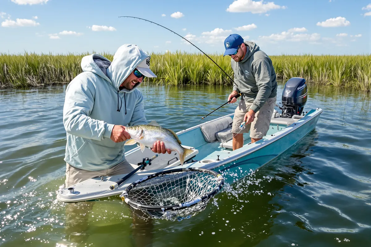 Angler landing a redfish with a mate on a bay boat