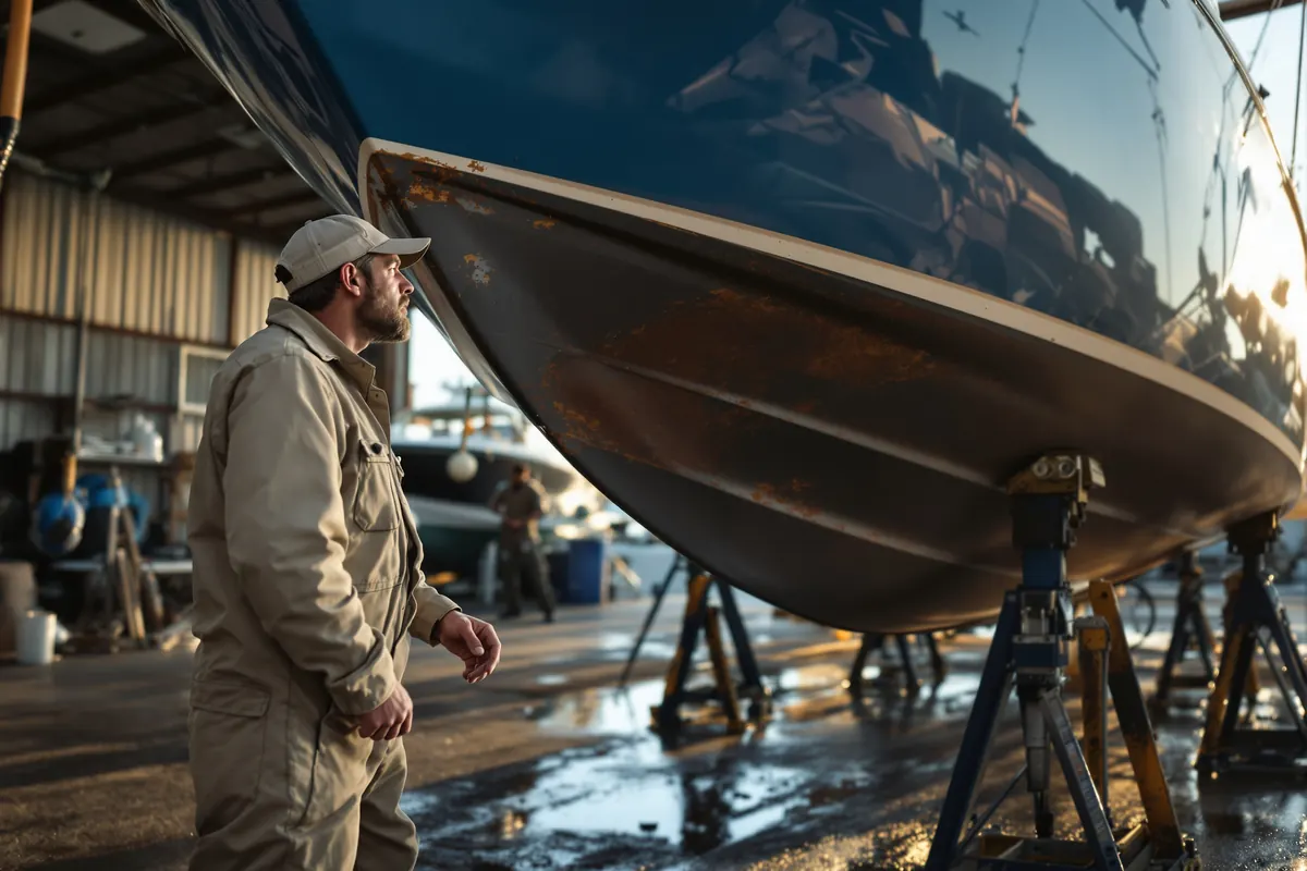 Marine surveyor inspecting the hull of a charter fishing boat on stands