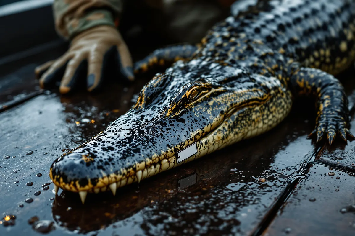 Locking hide tag through the tip of an alligator tail