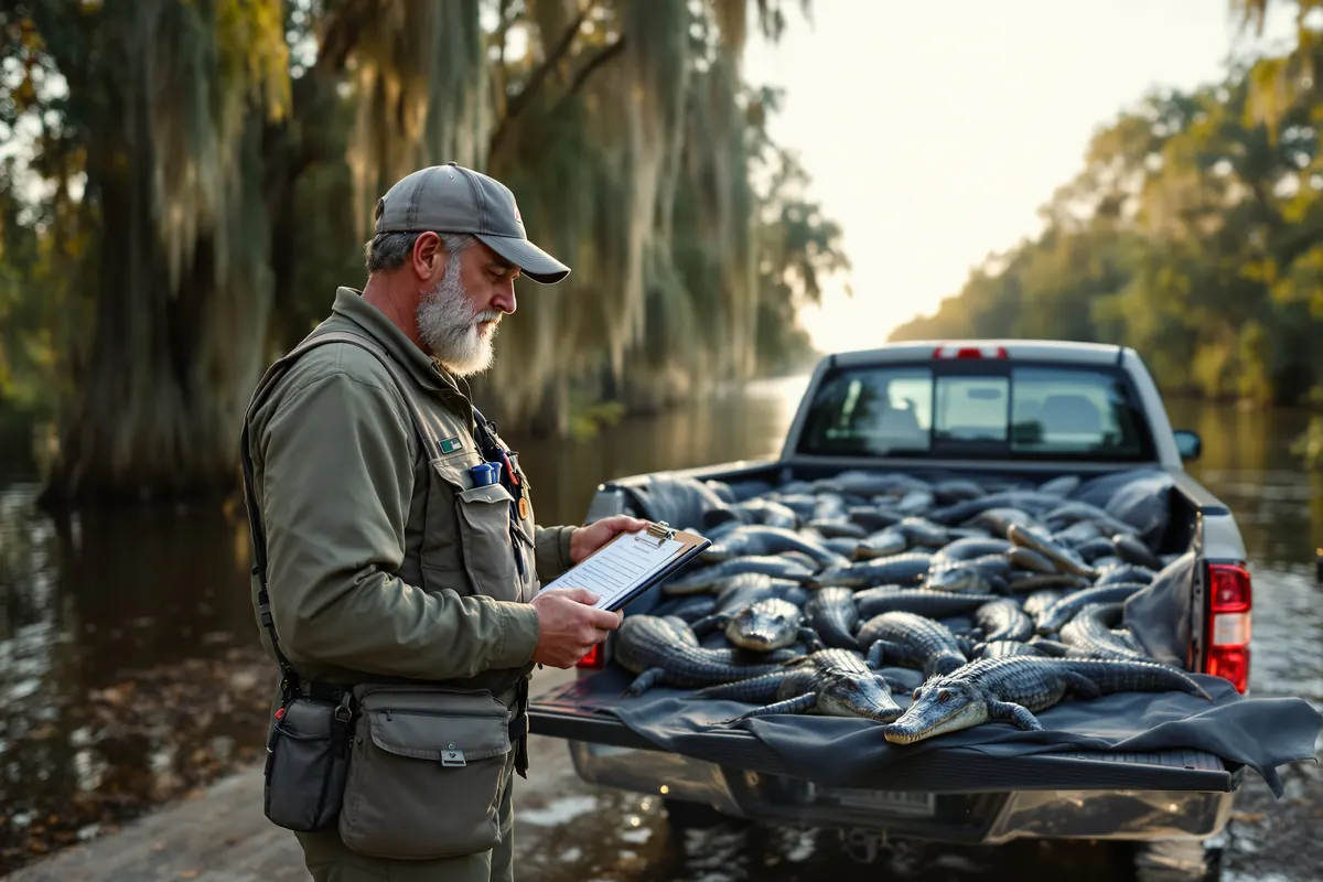 Outfitter recording tagged alligators at a bayou boat ramp at dawn