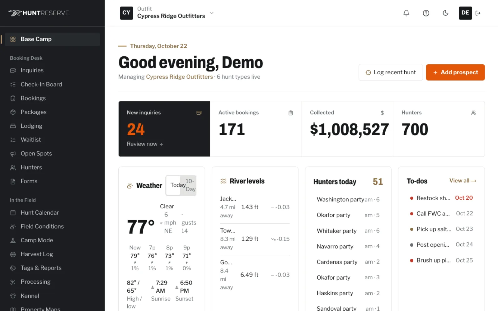 Base Camp dashboard with today's hunts and weather