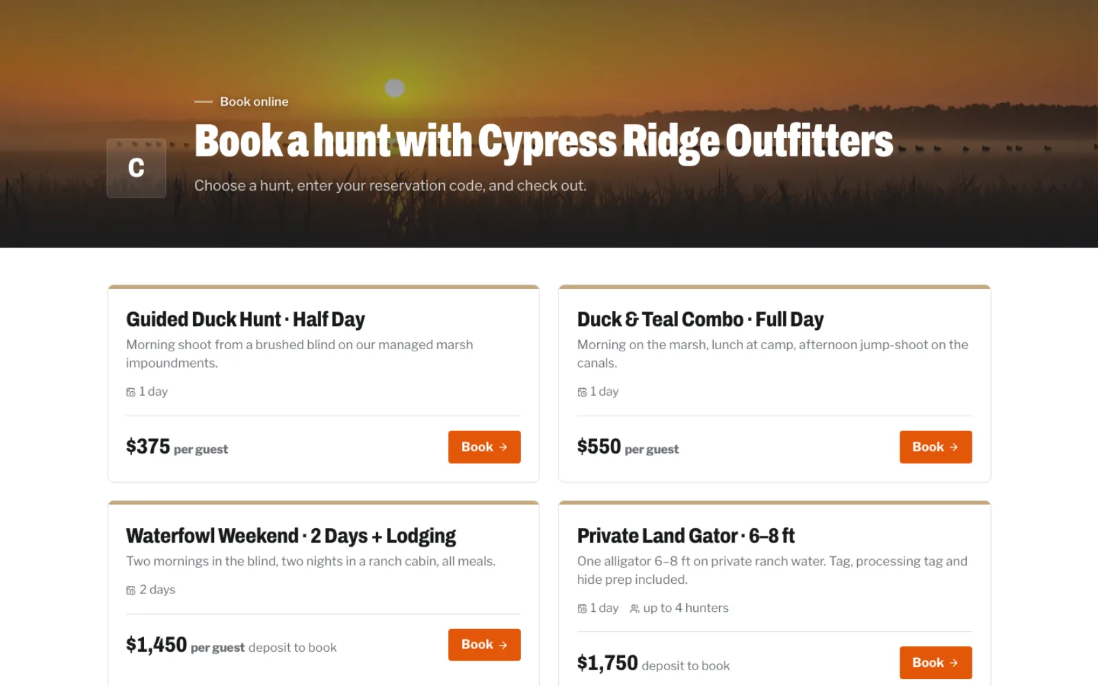 Booking page with hunts and prices