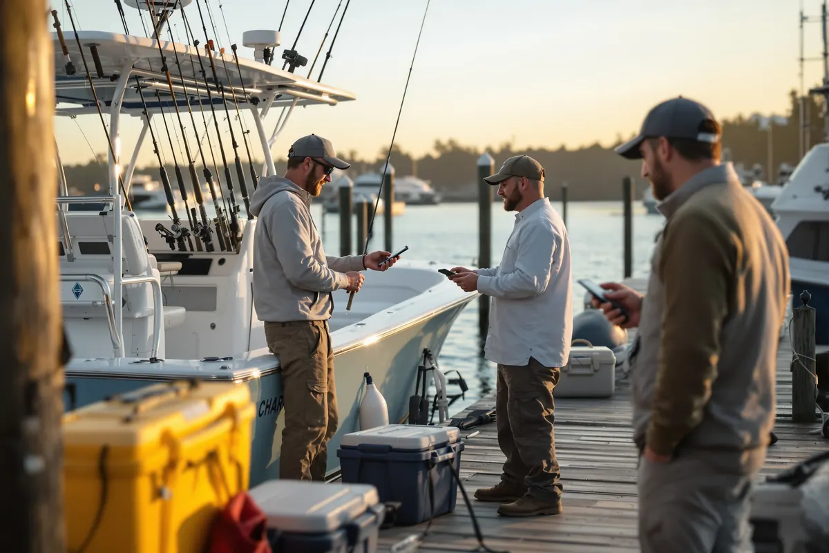 Charter captain taking a card payment on the dock before a trip