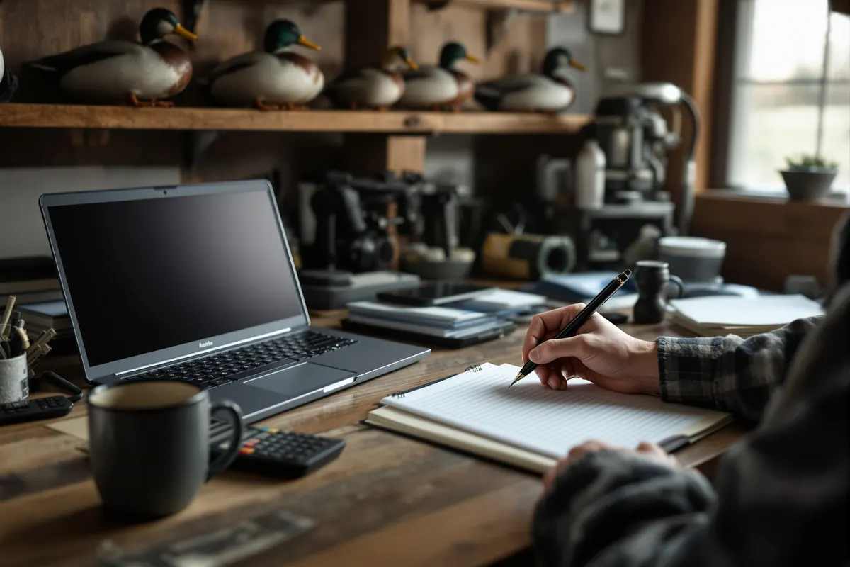 Outfitter reviewing card processing costs at an office desk