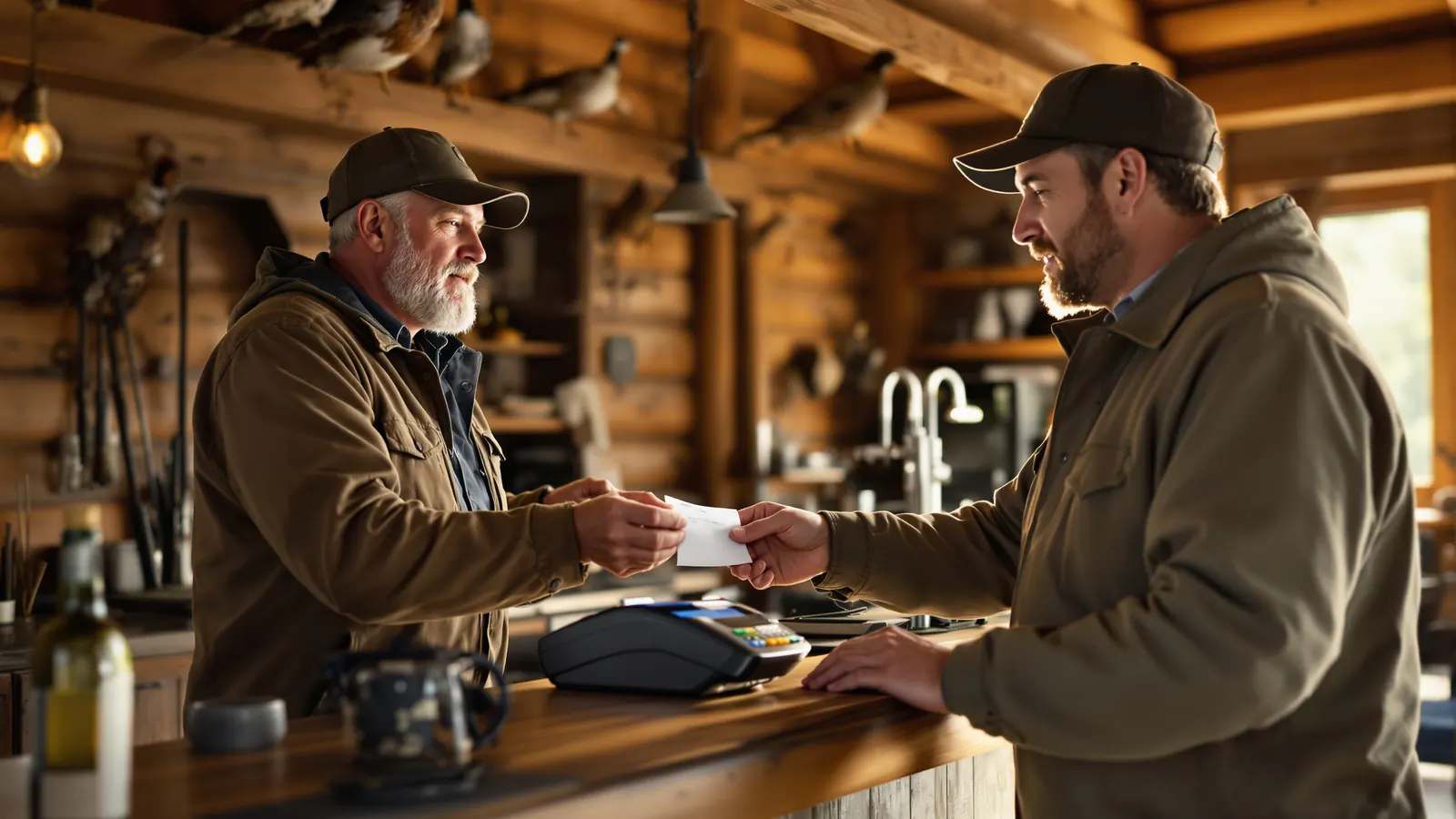 Lodge owner explaining a credit card surcharge on a hunter's receipt