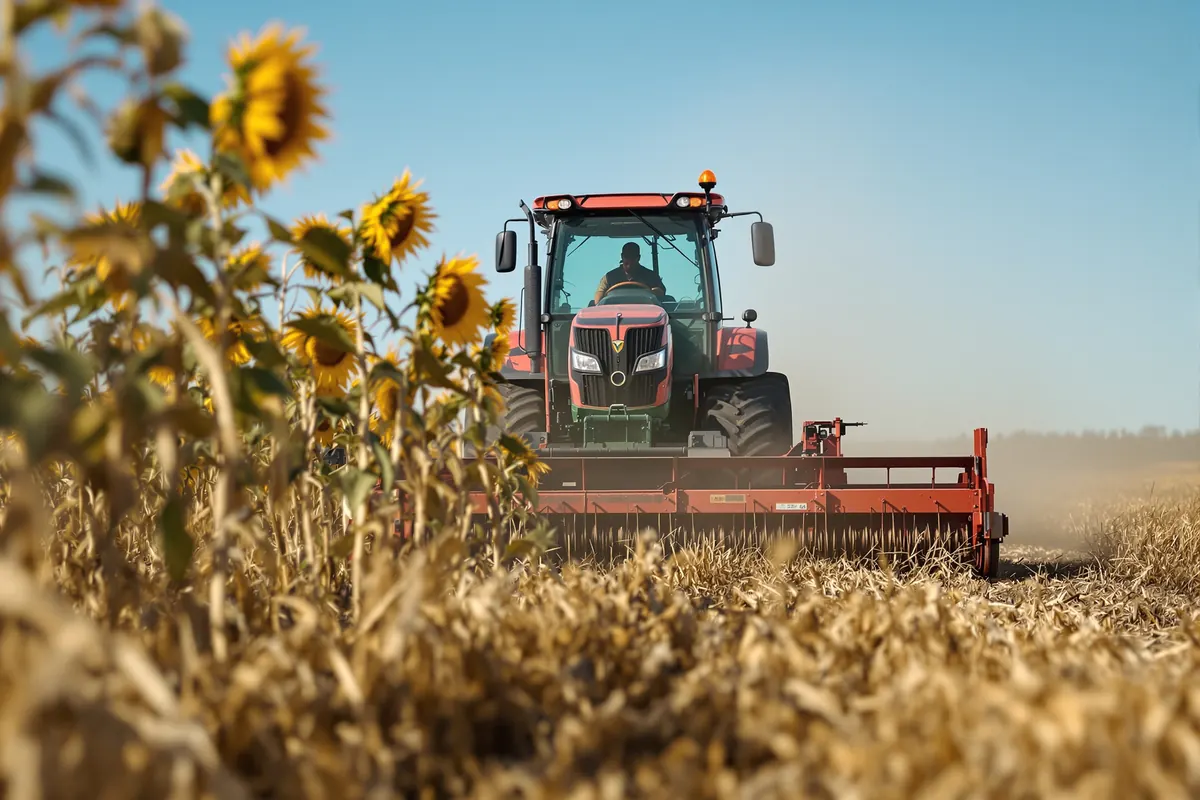 Tractor mowing a strip through mature sunflowers in late summer