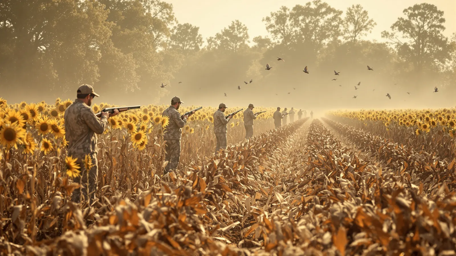 Hunters spaced along the edge of a mowed sunflower dove field in September