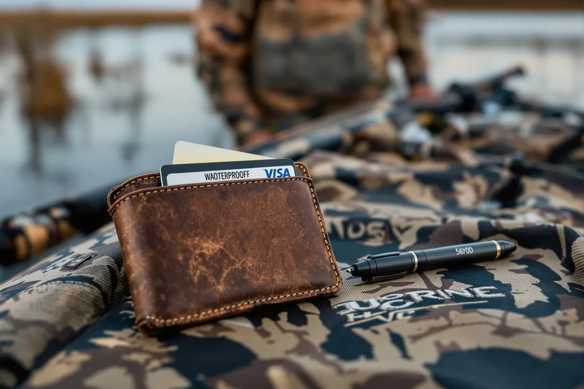 Waterproof license holder and pen on a duck boat gunwale at sunrise
