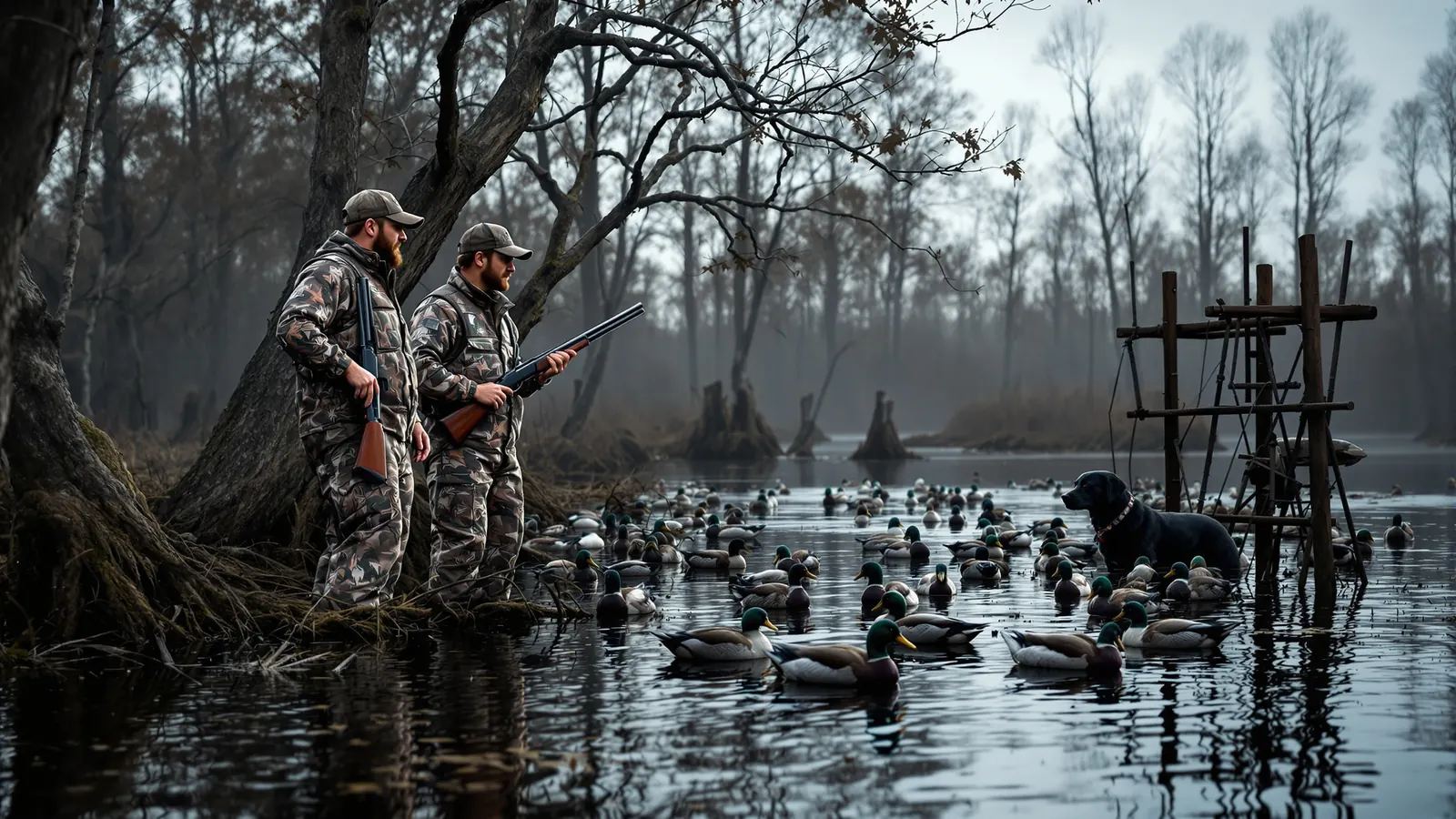 Waterfowl hunters in flooded timber, each carrying a signed duck stamp with their license