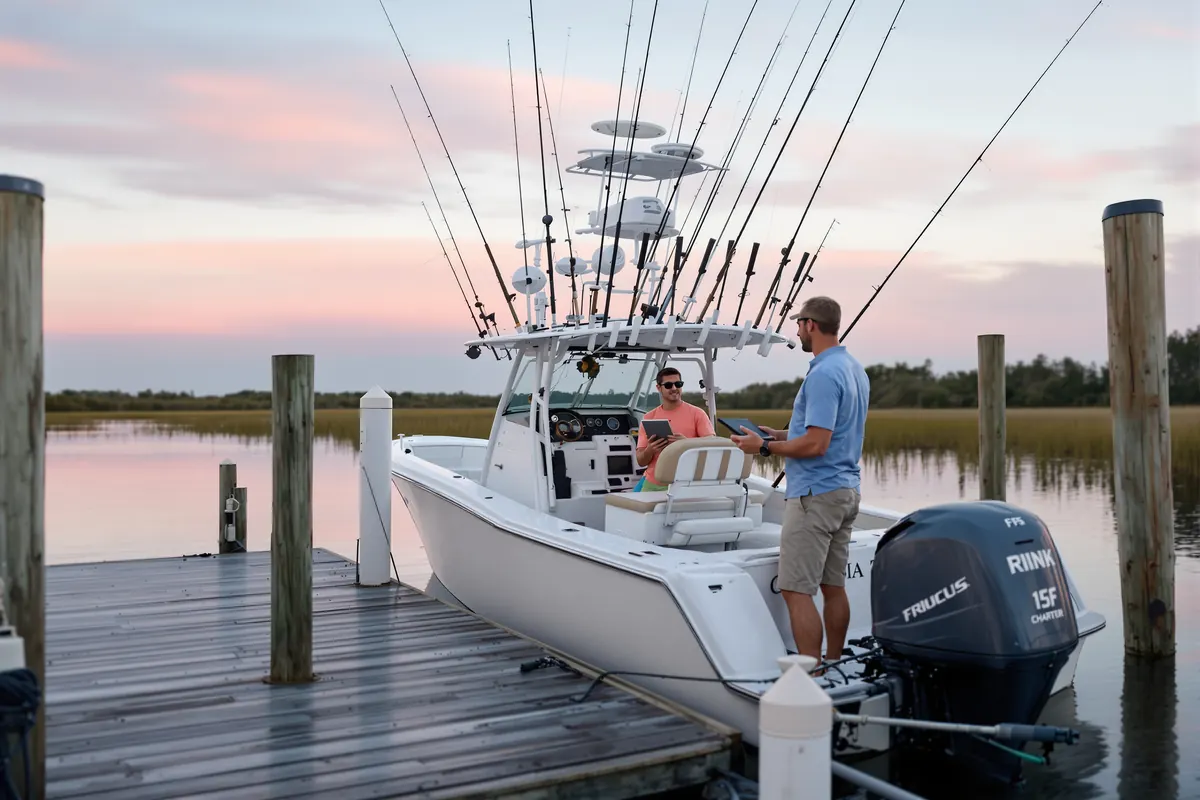 Parent co-signing for a teenage angler at a charter dock