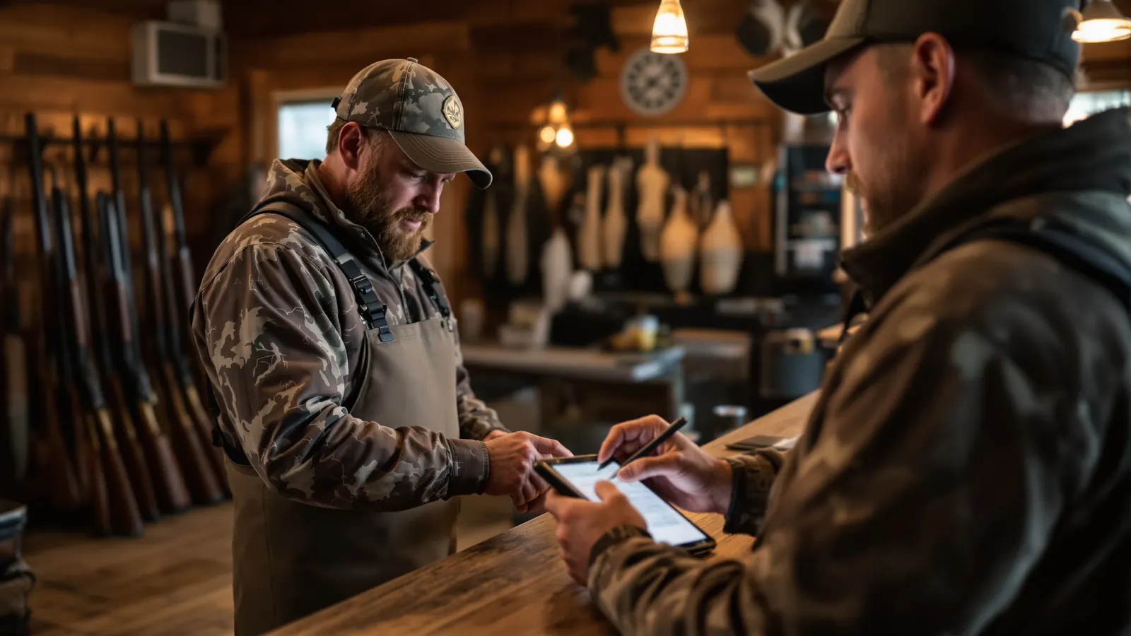 Hunter signing an electronic waiver on a tablet at a duck lodge before dawn