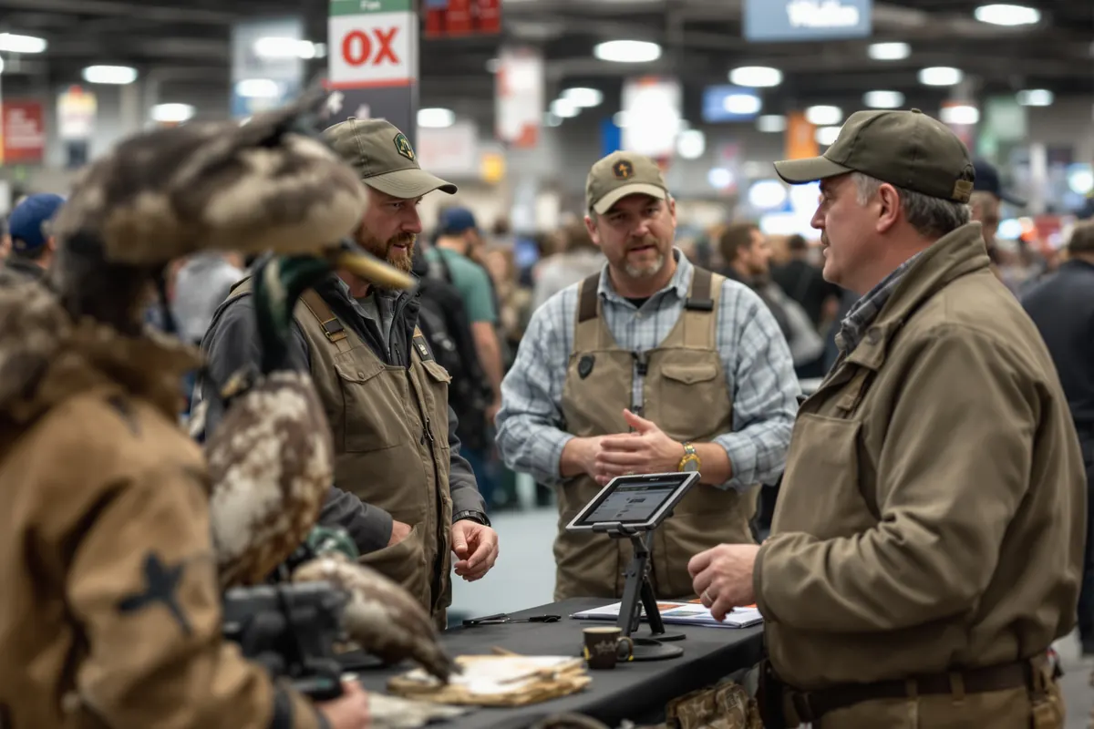 Outfitter collecting sign-ups from visitors at a sportsman's show booth