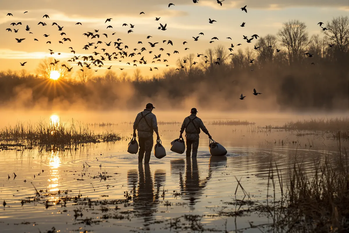 Duck hunters wading into flooded timber at sunrise