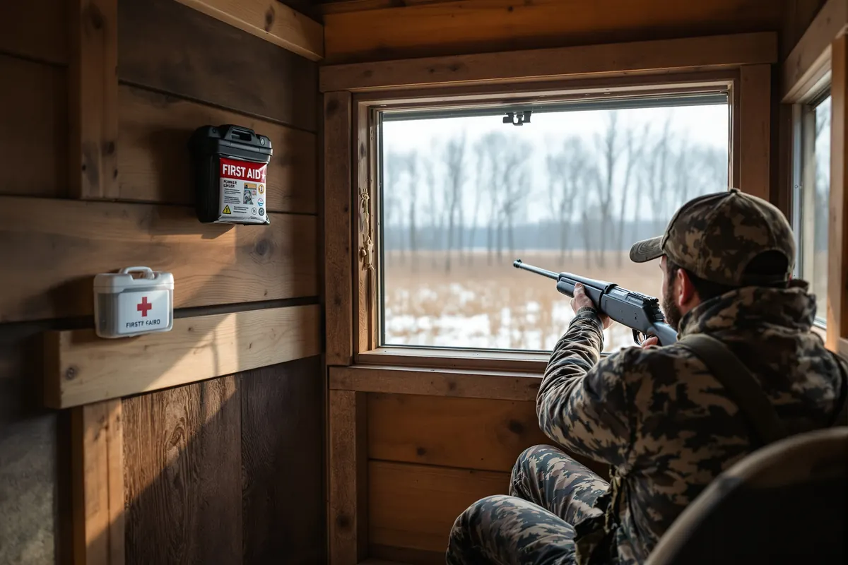 Box blind with a first aid kit and location card mounted on the wall
