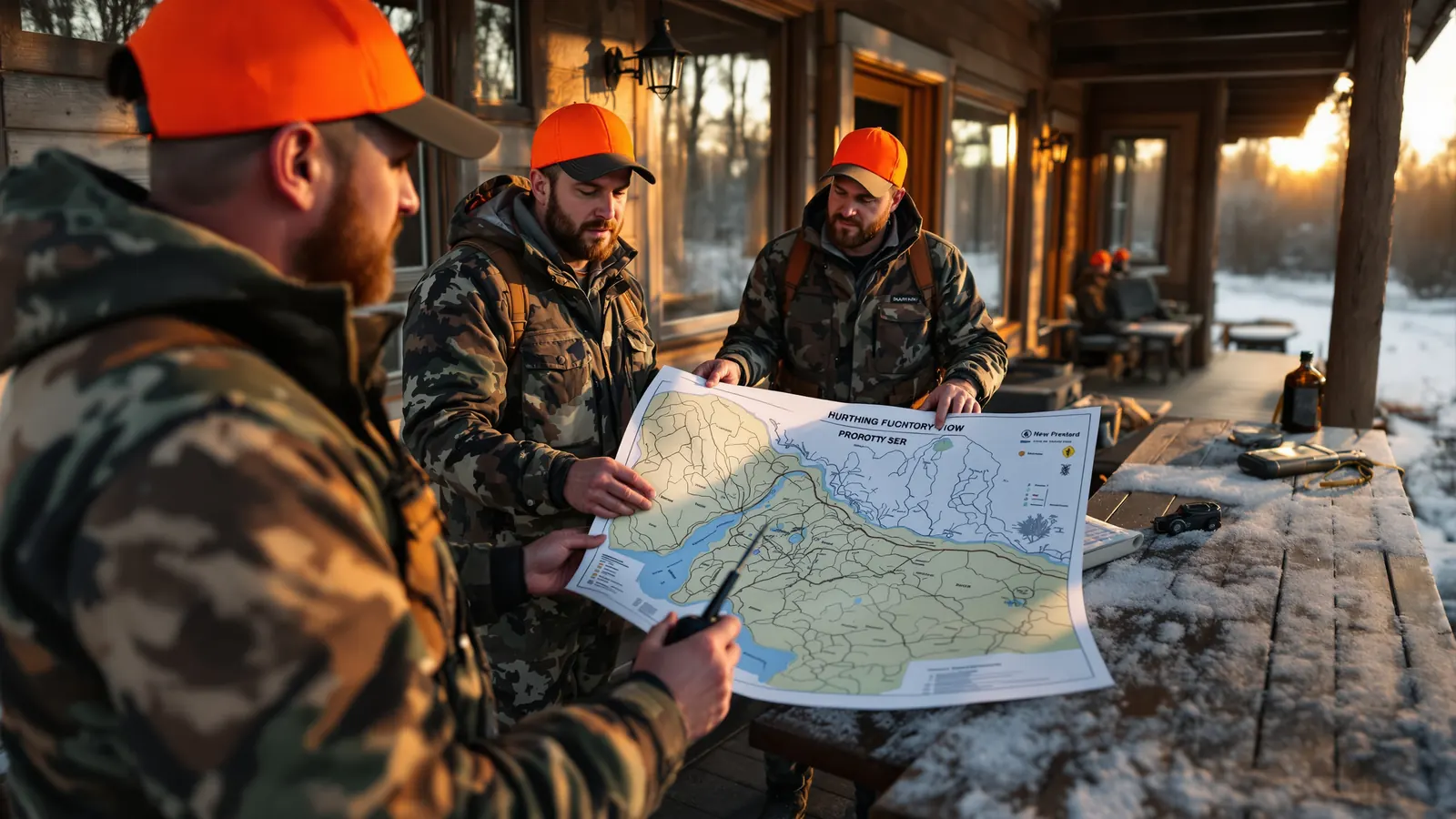 Outfitter walking hunters through the emergency action plan on a property map at dawn