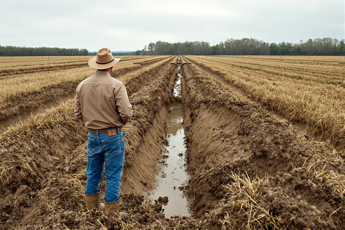 Rancher looking over a hay meadow torn up by rooting wild pigs