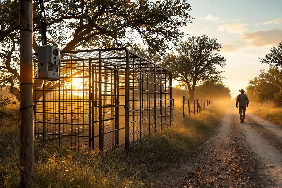 Corral-style hog trap with a drop gate at the edge of a ranch pasture at sunrise