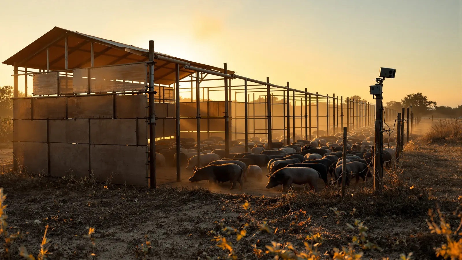 Corral trap holding a sounder of feral hogs as part of a feral hog control program on a Texas ranch