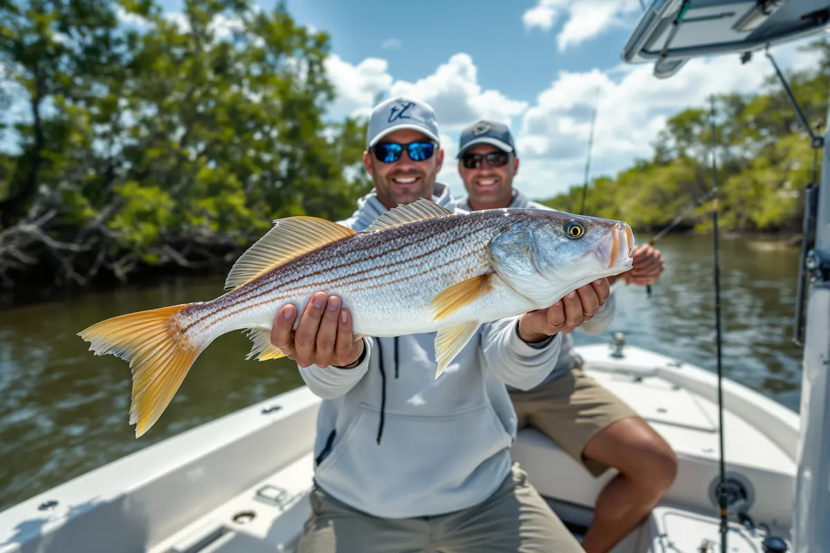 Angler holding a redfish on the deck of an inshore charter boat
