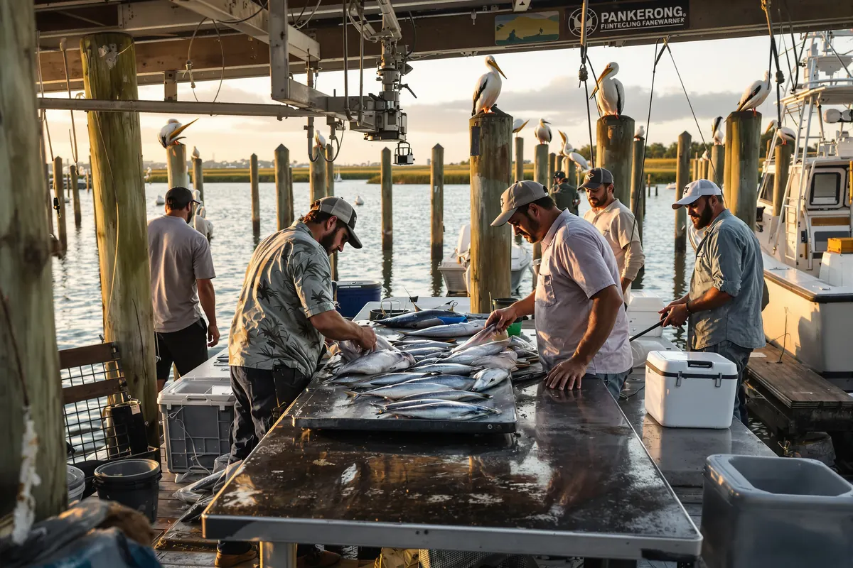 Mate filleting mahi at a marina cleaning station as pelicans wait