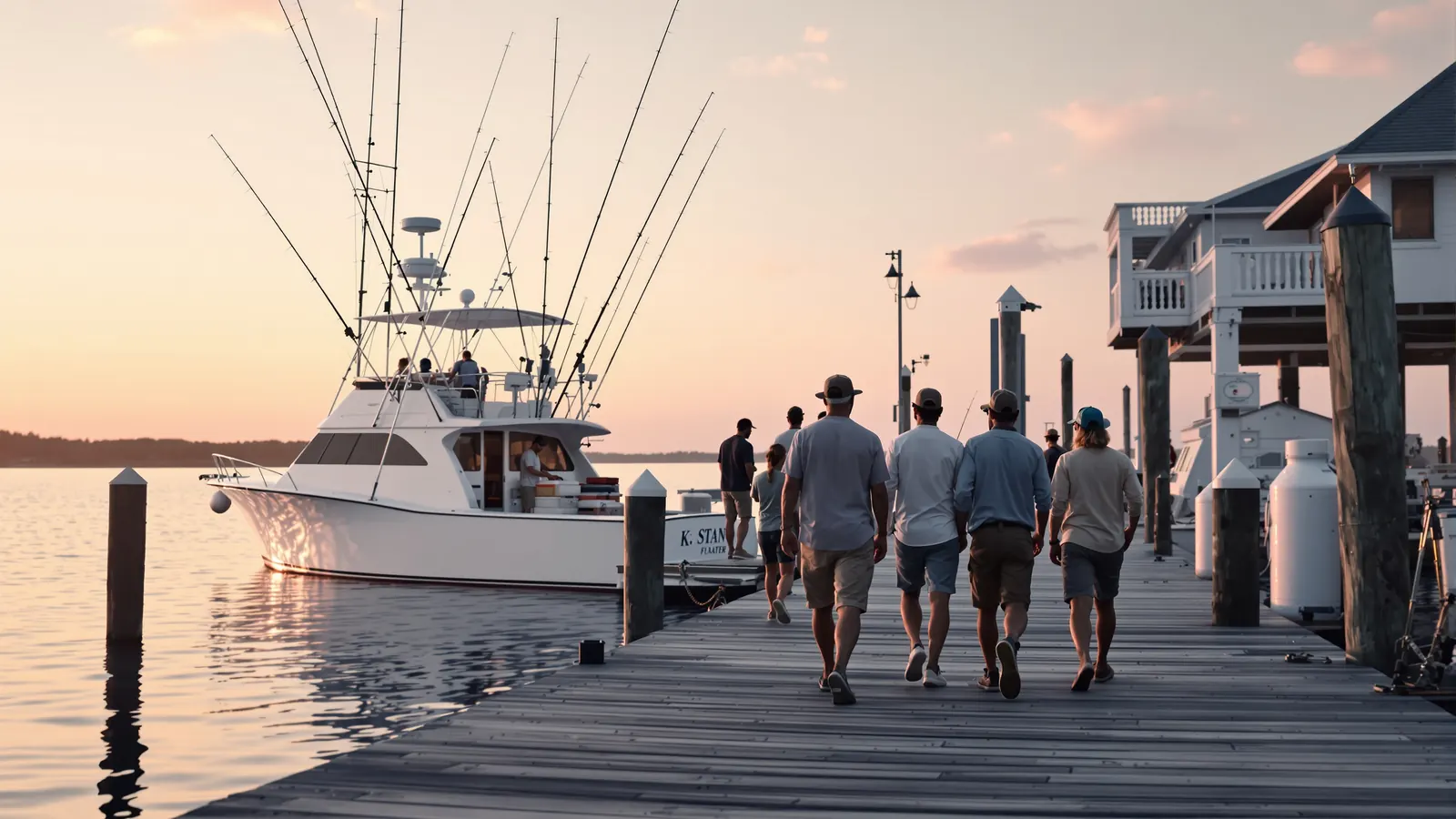 Family boarding a sportfishing boat at sunrise, an example of fishing charter marketing paying off