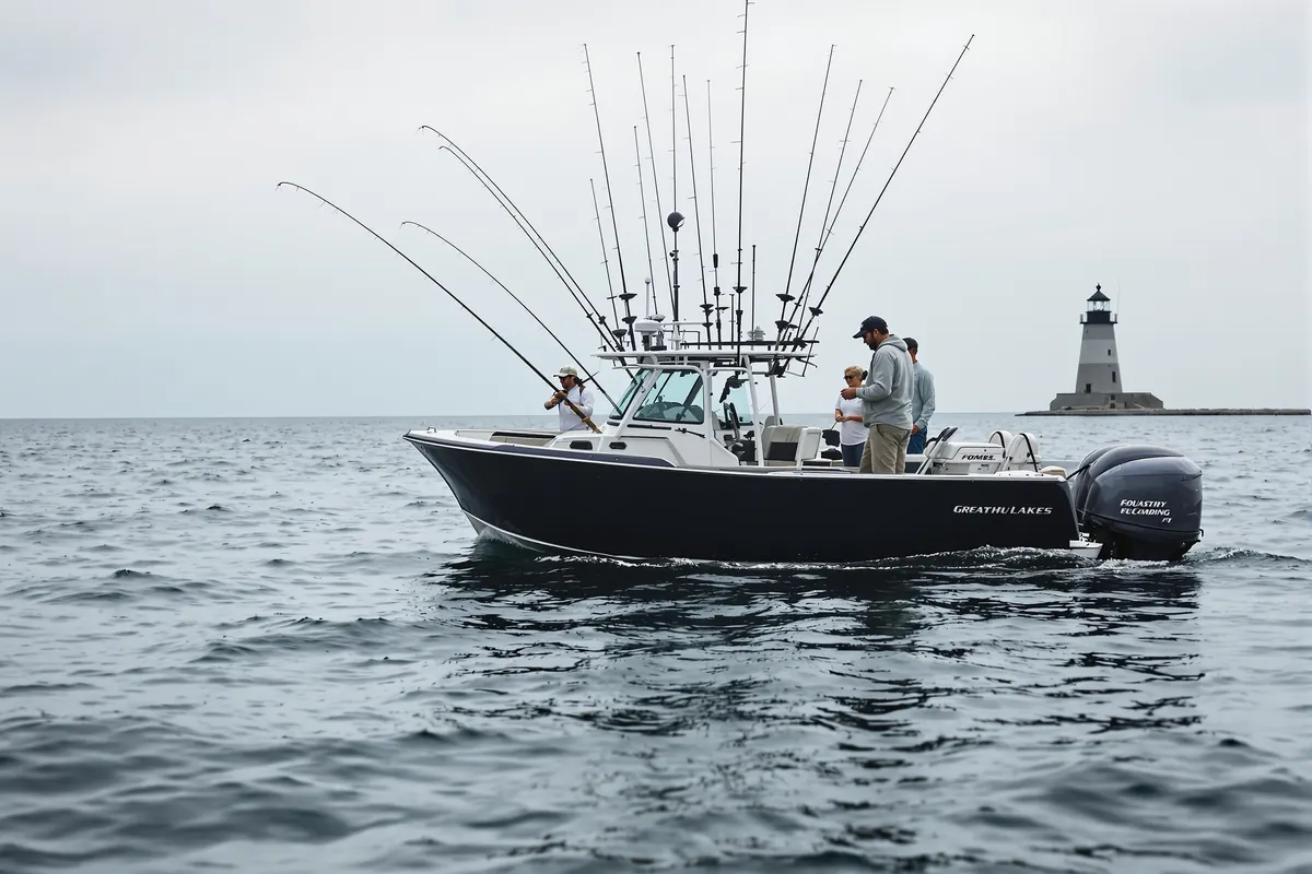 Great Lakes trolling boat with downriggers set and a guide checking a rod