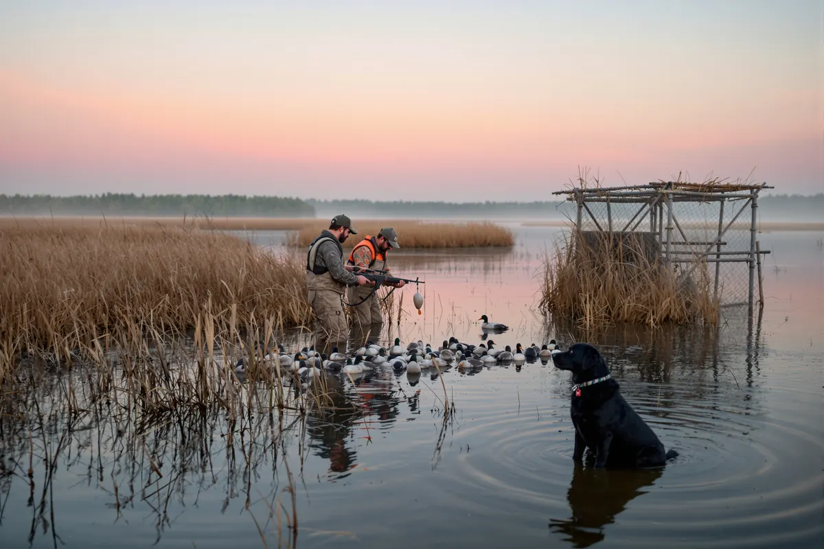 Two duck hunters setting decoys on a Florida marsh at dawn