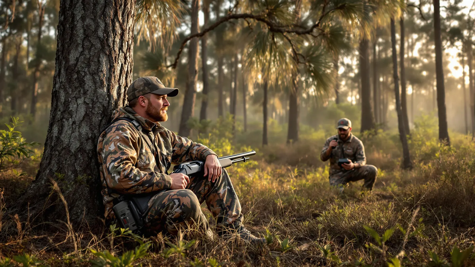 Hunter and guide in Florida pine flatwoods with a Florida hunting license for spring turkey