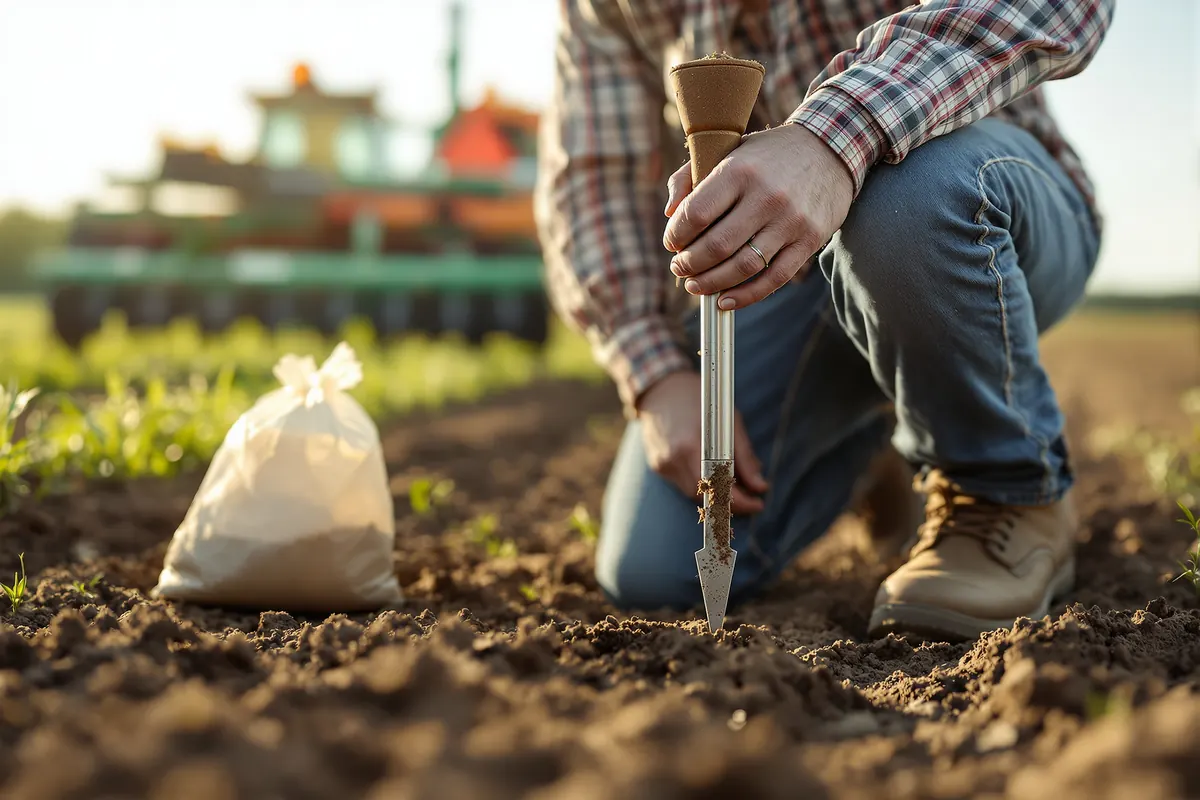 Lease manager pulling a soil sample with a probe in a freshly worked field