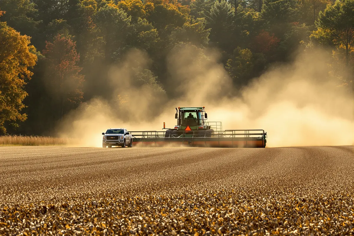 Tractor broadcasting seed on a prepared field at the woods edge in September
