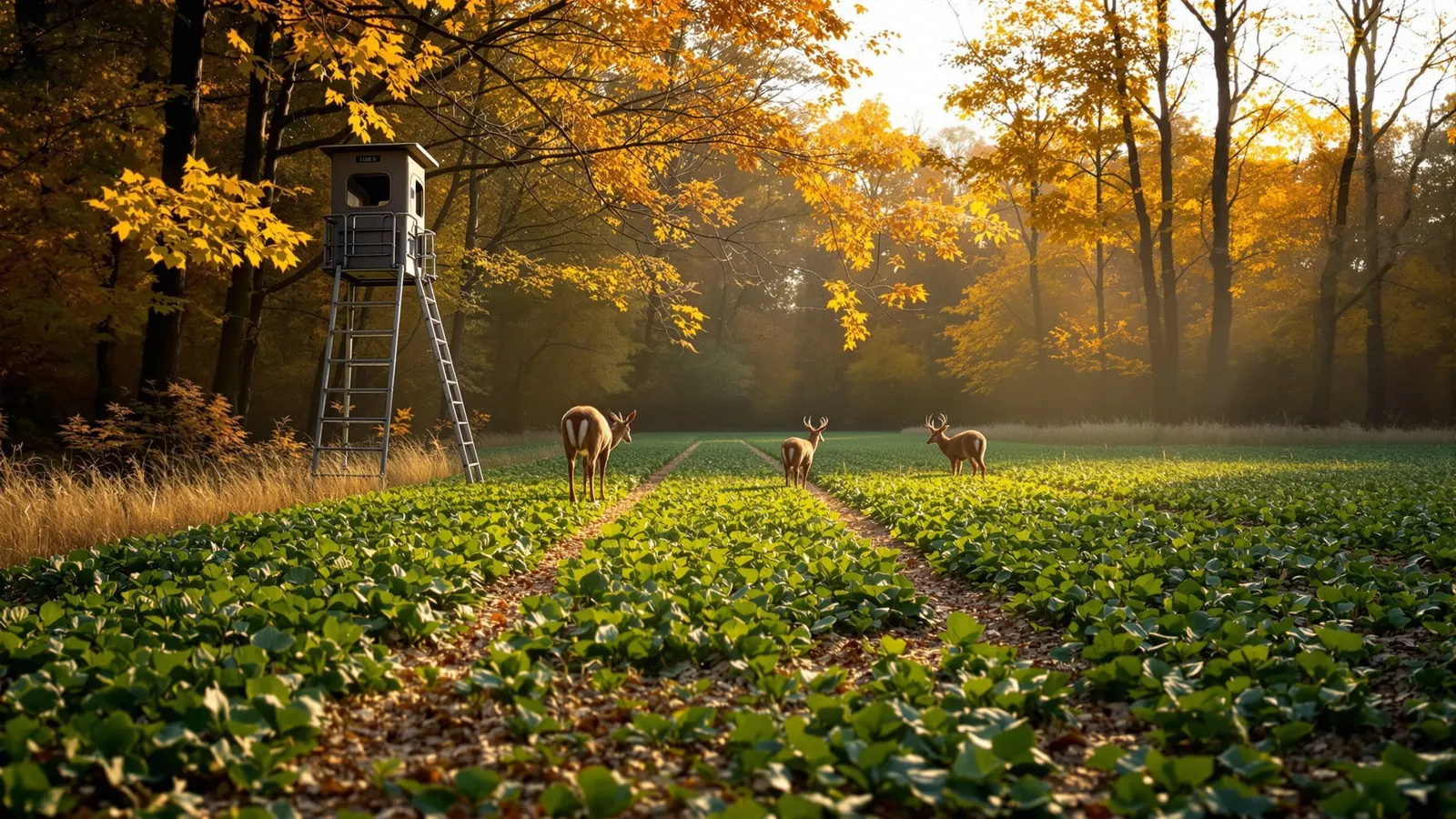 Narrow food plots of clover and oats with a ladder stand on the timber edge
