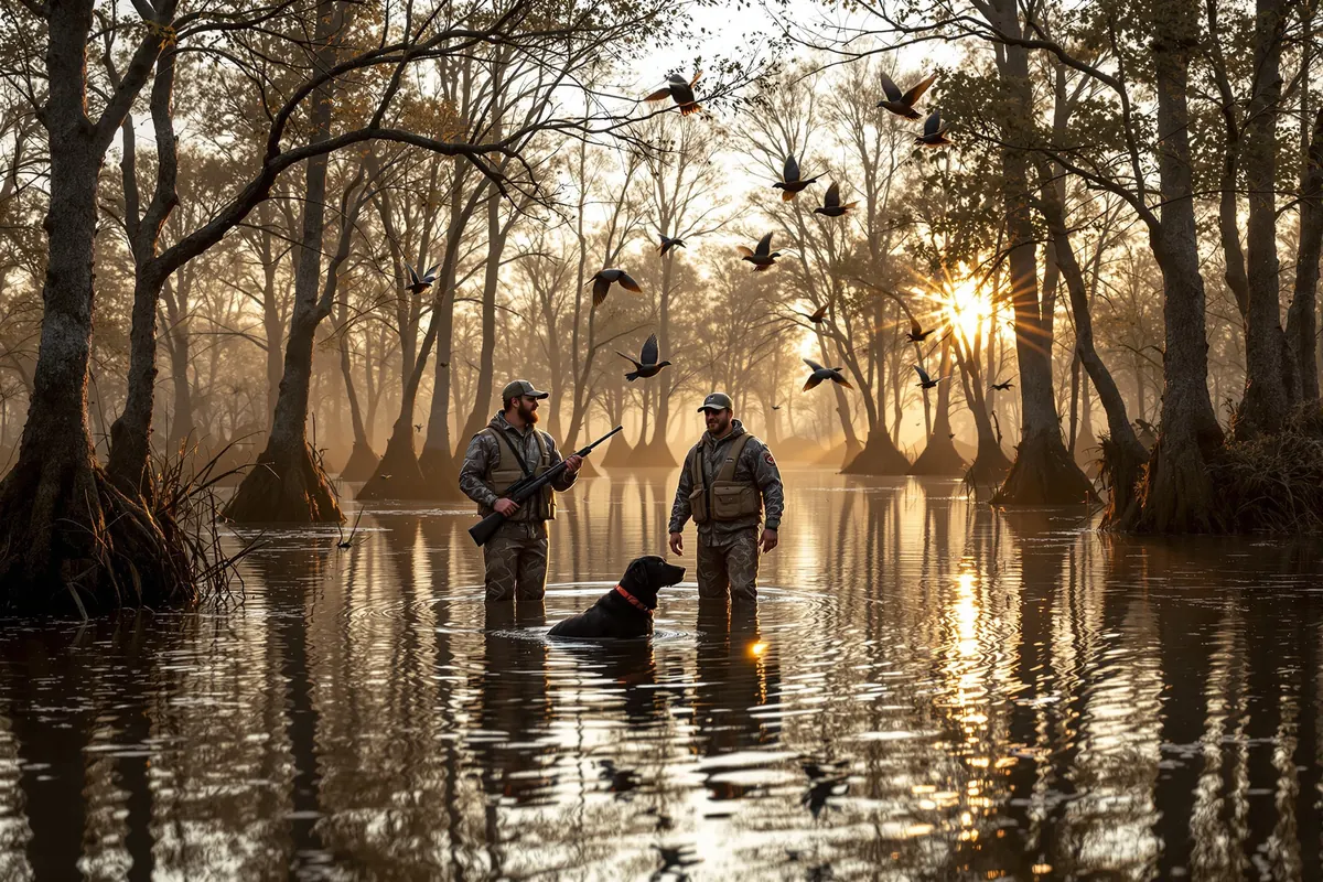 Guide and hunters in flooded timber with a Labrador as mallards circle