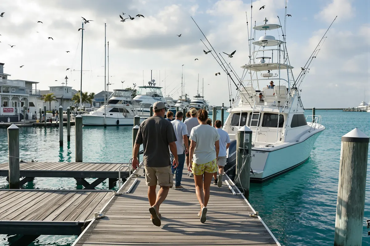 Charter captain greeting anglers on the dock before a trip