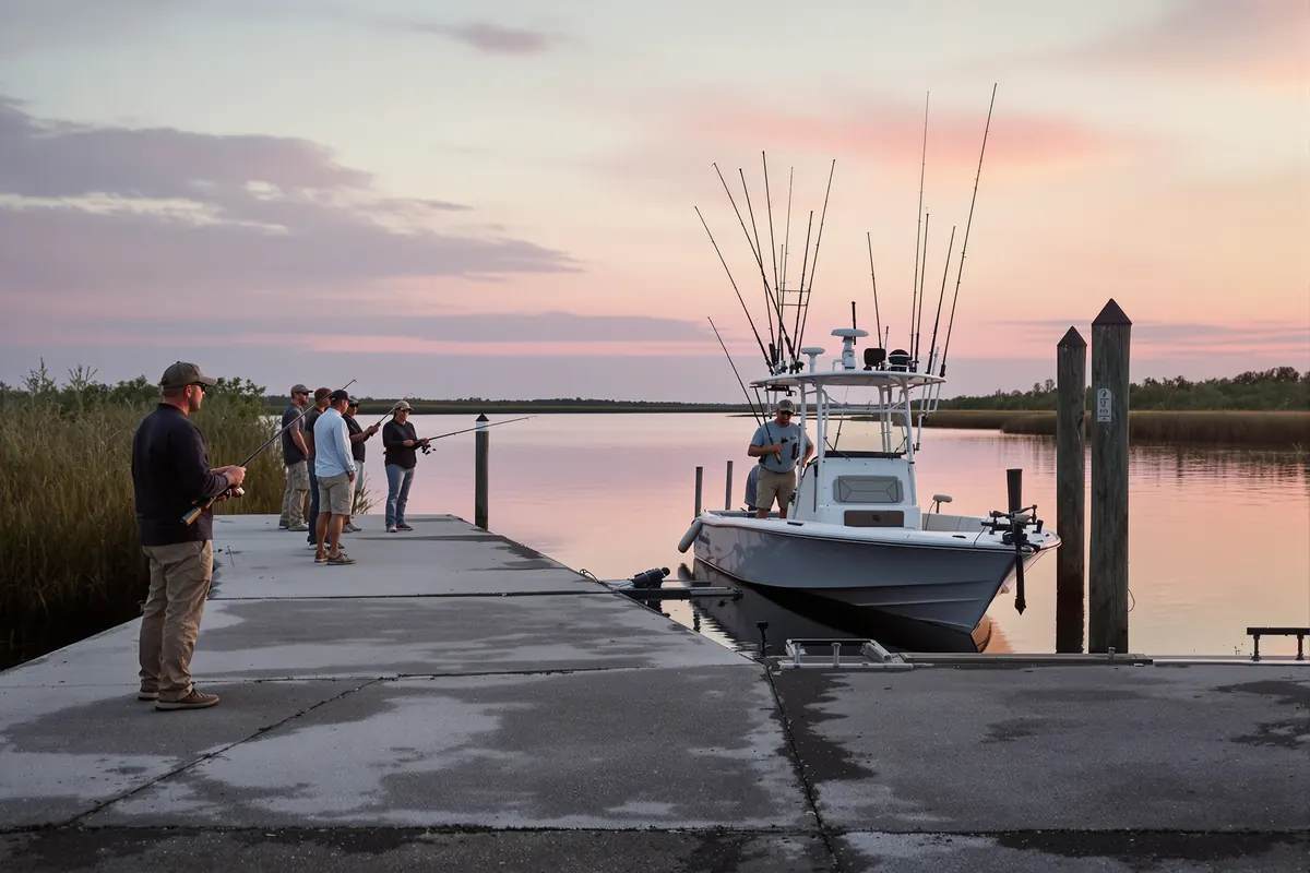 Fishing guide launching a bay boat from a public ramp at dawn
