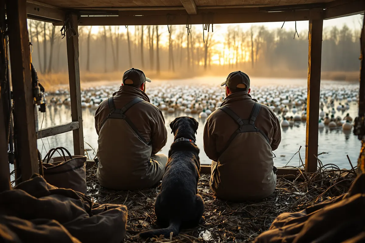 Hunters and a Labrador inside a flooded timber duck blind at sunrise