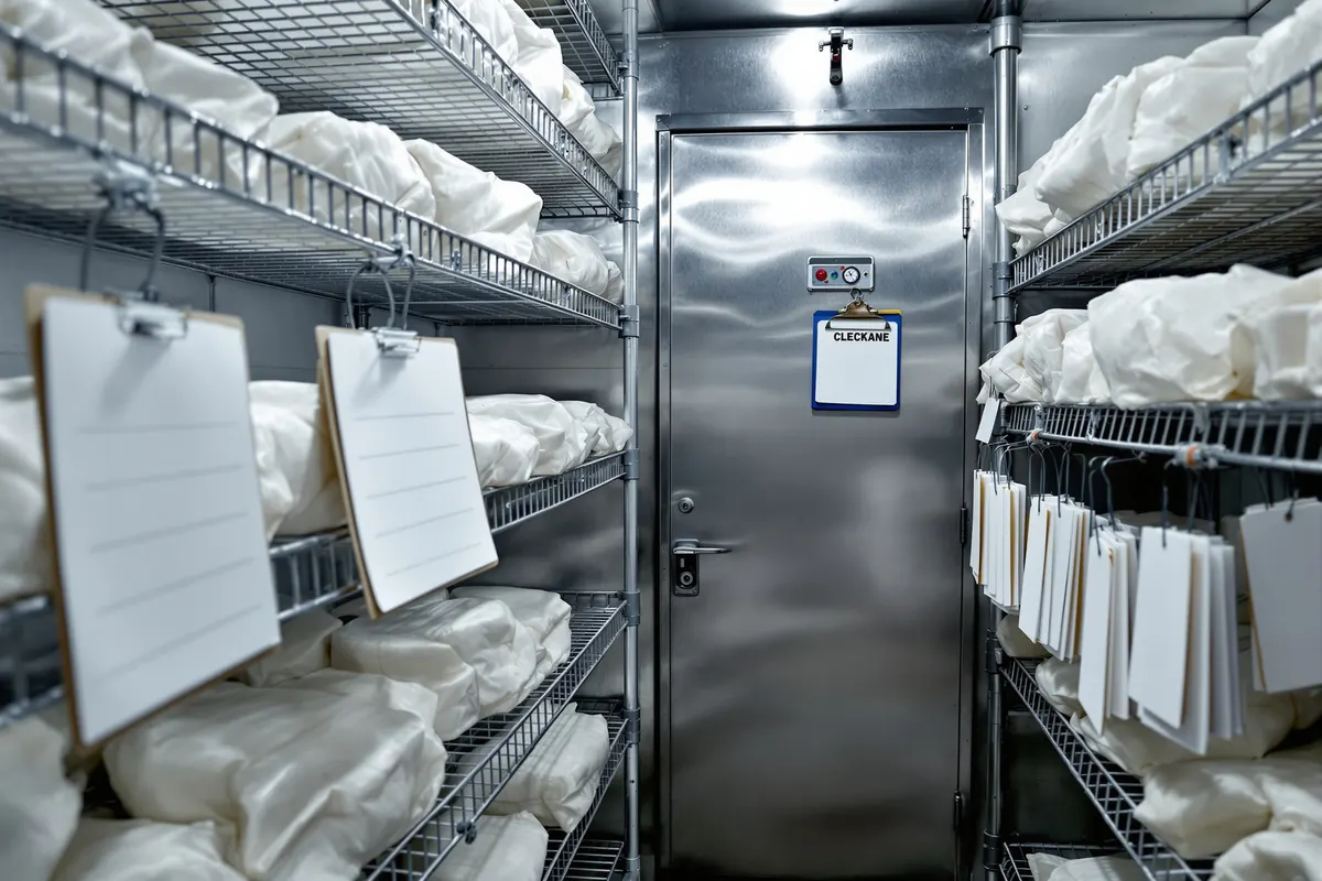 Walk-in cooler at a hunting lodge with wrapped meat and blank tags ready for labeling