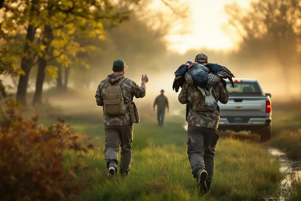 Turkey hunter carrying a gobbler across a spring pasture at sunrise