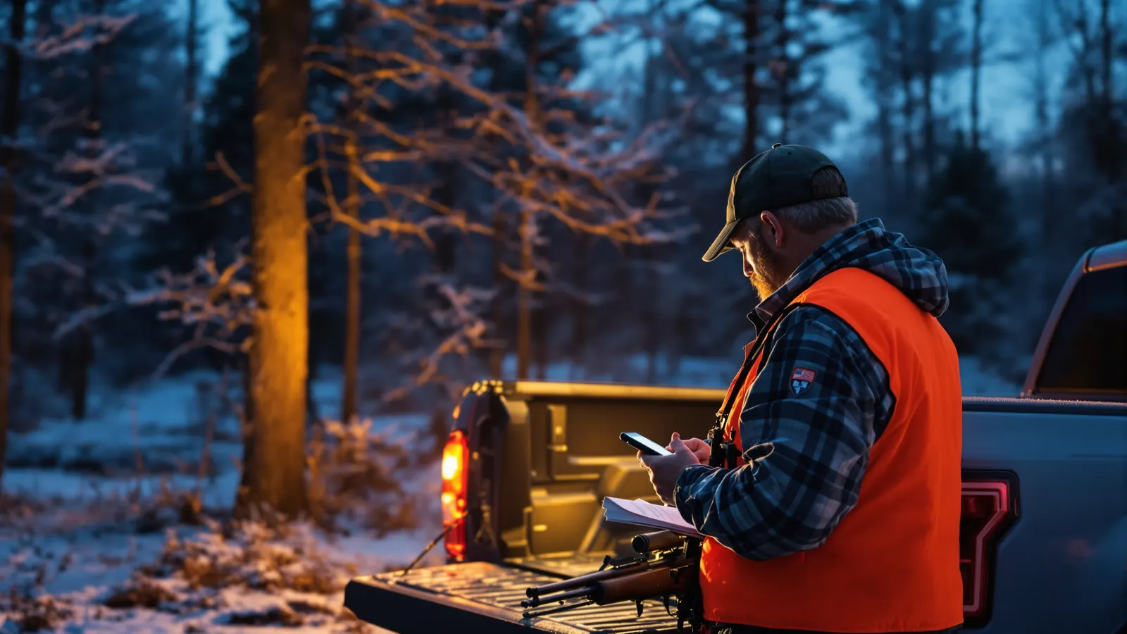 Hunter and guide at a truck tailgate at dusk filing a harvest report on a phone