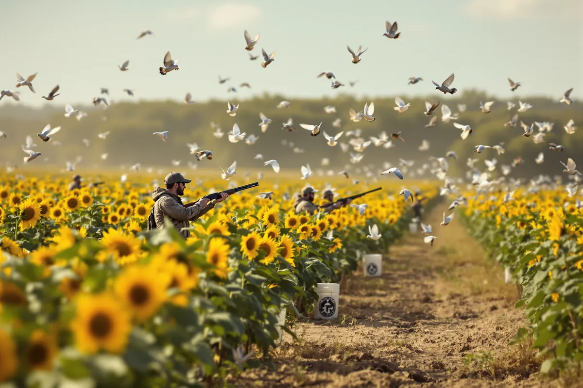 Dove hunters spaced along a cut sunflower field on opening afternoon