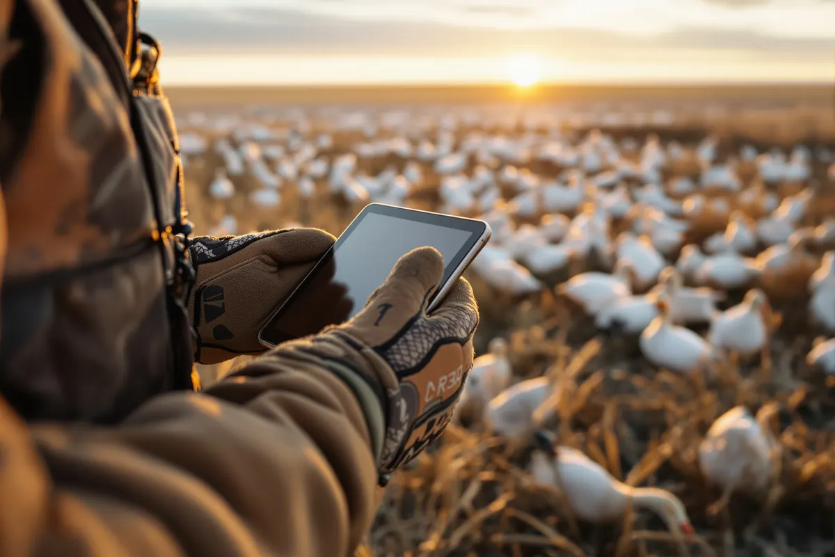 Guide collecting hunter paperwork on a tablet beside layout blinds in a stubble field