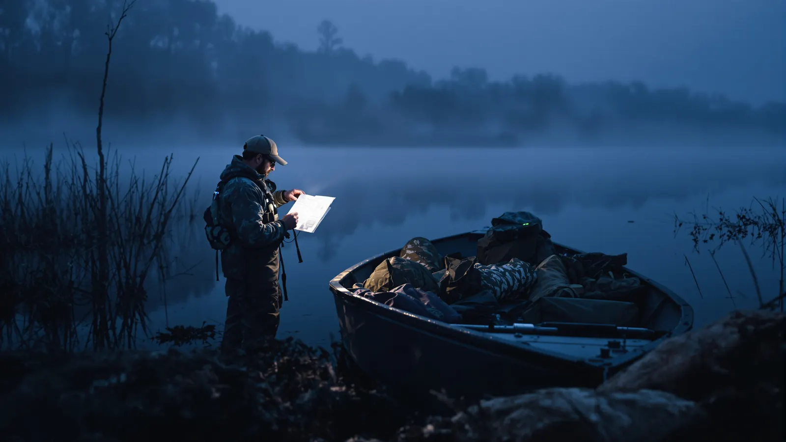 Duck hunters checking hip certification and license paperwork by headlamp before a flooded timber hunt